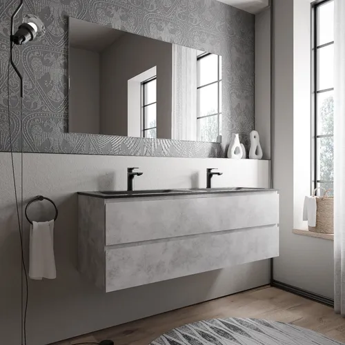 Bernstein Waschbeckenunterschrank AVA Beton 140cm mit Doppelwaschbecken - Moderner Waschtischunterschrank mit elegantem Mineralguss-Doppelwaschbecken in mattem Schwarz. Ideal für stilvolle Badezimmer, inklusive 2 praktischen Schubladen und Montagematerial.