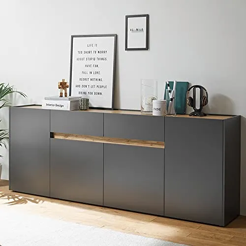 Lomadox Sideboard CRISP-61, Wotan Eiche Nb. - Eleganz trifft Funktionalität - Stylisches Sideboard in anthrazit mit Wotan Eiche Nb. Absetzungen, ideal für Ihr Esszimmer. Mit 2 Schubkästen und 4 Türen bietet es viel Stauraum und ein griffloses Design für modernes Wohnen.