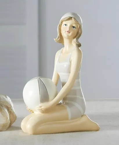 Dekoleidenschaft Dekofigur Stranddame mit Ball, maritim, aus Polyresin, nostalgische Strandfigur, Badenixe, Outdoor Gartendeko