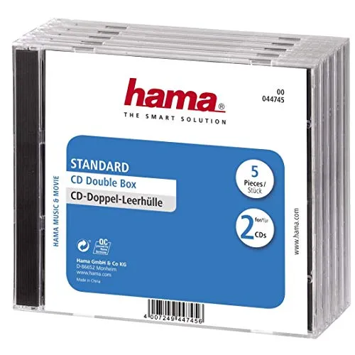 Hama CD-Doppel-Leerhülle 5er-Pack - Transparent-schwarz, idealer Ersatz für beschädigte CD-Boxen und zur individuellen Gestaltung