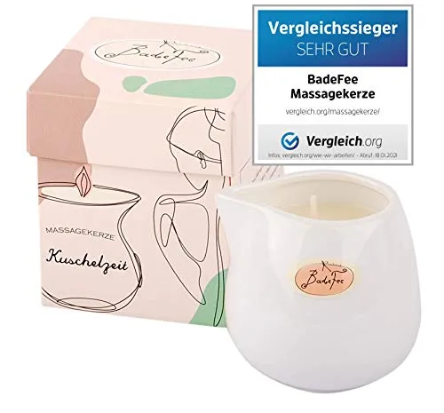 Badefee Massagekerze KUSCHELZEIT - pflegendes Massageöl als Kerze, Massage und Körperpflege mit natürlichen & veganen Inhaltsstoffen, für mehrere Anwendungen, als warme Bodylotion verwendbar