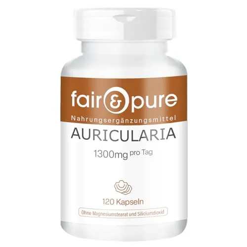 Fair & Pure Auricularia 1300mg pro Tagesdosis, 120 Kapseln, Judasohr, Nahrungsergänzungsmittel vegan ohne Magnesiumstearat, in Deutschland hergestellt
