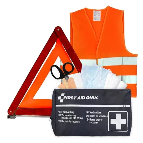 First Aid Only Kfz Verbandtasche DIN 13164 | Warndreieck nach ECE R27 | Warnweste Orange, Sicherheitsweste EN ISO 20471:2013 | Auto Pannenset