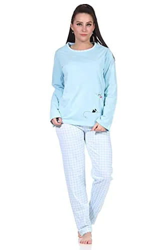 Damen Langarm Schlafanzug Pyjama mit süssen Katzen Motiv und Karierter Jersey Hose, Farbe:hellblau, Größe:44-46