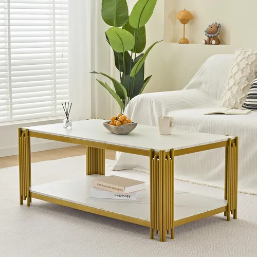 MODFU Couchtisch mit Marmoroptik und Metallbeinen in Gold+Weiß
