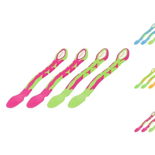 Vital Baby Mamas erster Löffel, Fütterlöffel, Beikostlöffel für Gläschen, Schaber, extra langer Löffel, Babylöffel, spülmaschinengeeignet, ab ca. 4-6 Monaten, 4 Stück - pink/grün