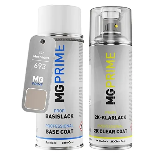 MG PRIME Autolack 2K Spraydosen Set für Mercedes 693/1693 Travertinbeige Metallic/Desert Silver Metallic Basislack 2 Komponenten Klarlack Sprühdose