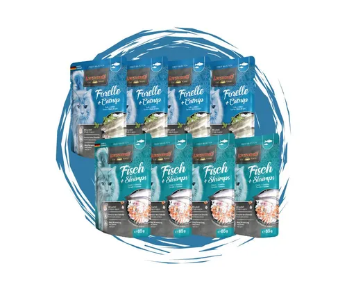 Leonardo Catfood Leonardo Frischebeutel Bundle - 8x85g verschiedene Sorten im Mixpaket 4x Forelle & Catnip und 4x Fisch & Shrimps