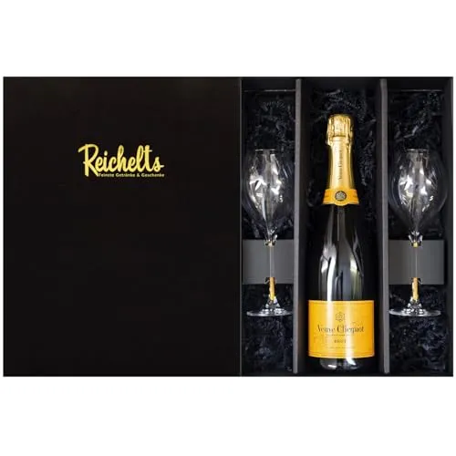 Veuve Clicquot Brut Champagner 0,75 l 12% + 2 x Veuve Clicquot Champagnerglas als Geschenkset in Präsentbox by Reichelts