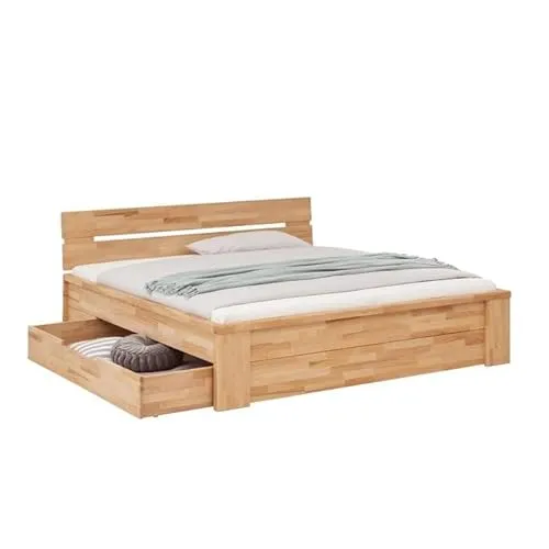 HOMELIV. Tamira Doppelbett 180x200 cm aus geölter Kernbuche mit Schubladen - Hochwertiges Doppelbett aus geölter Kernbuche mit stabiler Parkettverleimung. Praktische Schubladen bieten zusätzlichen Stauraum. Komfortable Einstiegshöhe von 43 cm für leichtes Hinsetzen und Aufstehen.