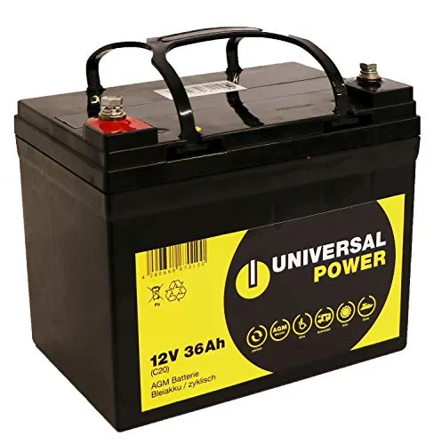 Universal Power 12-36 12V 36Ah AGM Rasenmäher Akku - Zubehör für Elektrowerkzeug, wartungsfreier AGM-Akku mit 36Ah Kapazität, ideal für saisonale Nutzung in Geräten wie Rasenmähern, Wohnmobilen und Booten.