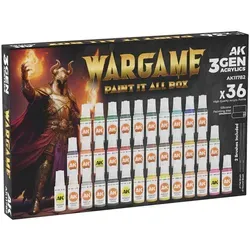 AK Wargame Paint It All Box 36 Farben 3Gen - Umfangreiches Set mit 36 hochpigmentierten Acrylfarben für Wargames. Ideal zur individuellen Gestaltung von Armeen und Gelände. Inklusive 2 Pinsel und rutschfester Silikonmatte für eine saubere Arbeitsfläche.