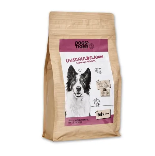 Dogs’n Tiger Adult Premium Hunde Futter, Unschuldslamm, Hunde Trockenfutter mit Lamm & Kräutern, Monoprotein, – ohne Zucker, Getreide & Konservierungsstoffe, 2kg
