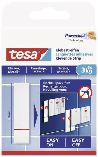 Tesa Powerstrips 77761, Fliesen und Metall, bis 3 kg - Doppelseitige klebende Pads für Fliesen und Metall, starker Halt bis 3 kg, rückstandsfreies Ablösen ohne Beschädigung, ideal für glatte Oberflächen.