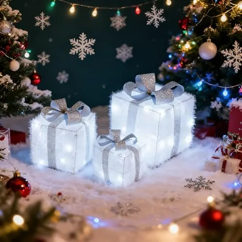 CCLIFE LED Geschenkbox 3er Set - Weihnachtlicher Zierschmuck mit 3 beleuchteten Geschenkboxen in Kaltweiß, perfekt für stimmungsvolle Weihnachtsdekoration und einfach zu installieren.