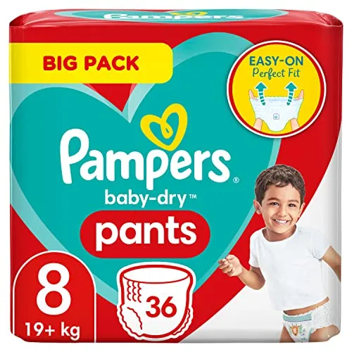 Pampers Baby-Dry Windeln Pants Größe 8 (19kg+), 36 Höschenwindeln, BIG PACK - Windeln für Babys ab 19kg mit 360° Fit für optimalen Rundum-Auslaufschutz. Einfaches Anziehen und Ausziehen, ideal für stressfreies Windelwechseln.