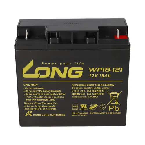 Kung Long VdS WP18-12I 12V 18Ah AGM Blei Akku - Elektrowerkzeug-Akkus mit zyklenfester Technologie, ideal für Aufsitzmäher und Scooter, bietet zuverlässige Leistung und Langlebigkeit.