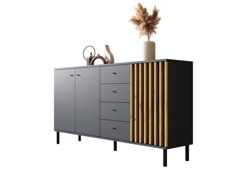 Newroom Sideboard Ebono - Modernes Sideboard in Anthrazit mit 4 Schubladen und 3 Türen, ideal für stilvolle Aufbewahrung und Platzoptimierung.