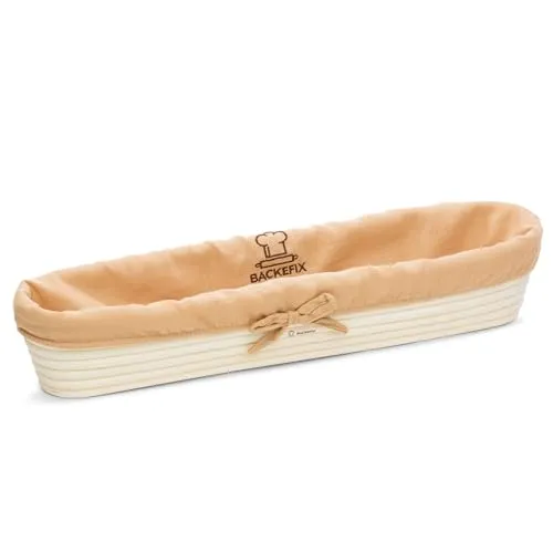 Backefix Gärkörbchen oval 44cm für Baguette | länglicher Gärkorb handgefertigt aus Rattan mit Leinentuch | hochwertiges Brotbackzubehör ideal zum Brot backen für Hobbybäcker
