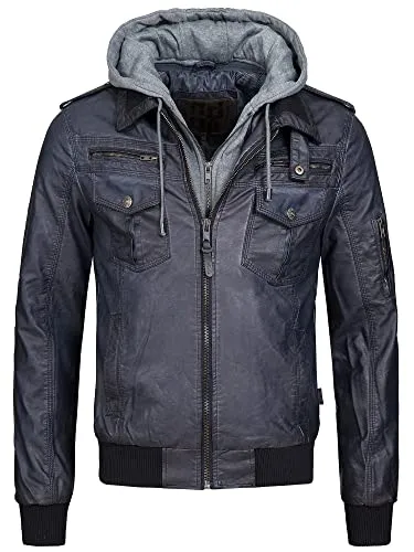 Indicode Herren Aaron Lederjacke mit abnehmbarer Kapuze | Kunstlederjacke Übergangsjacke Navy, L