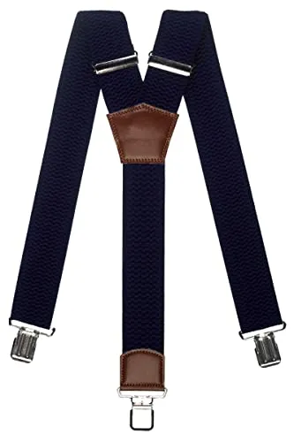 Olata Extra Breite Herren Hosenträger Y-Form mit Braun Leder – 5 cm. Marineblau