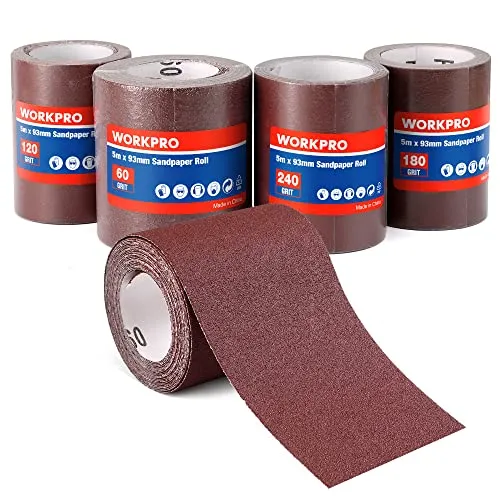 WORKPRO Schleifpapierrollen, 4 Schleifpapier Rollen 93 mm x 5 m, Körnung 60/120/180/240, für Handschleifer, Schwingschleifer, Schmirgelpapier für Holz, Metall, Farbe