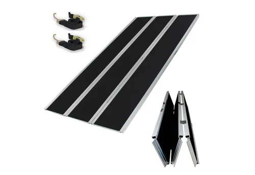 DREIBREIT by TRUTZHOLM 3-Fach Alu Auffahrrampe 215 cm - Laderampe für breite und schwere Fahrzeuge mit einer Tragkraft von 1020 kg. Die rutschhemmende Lauffläche sorgt für Sicherheit beim Verladen, während die 3-Fach Klappbarkeit platzsparenden Transport ermöglicht.