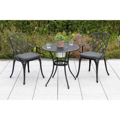 Merxx Rhodos Set 5tlg. Tisch rund ø70cm - Gartenmöbel-Sets, elegantes Design mit ausgefallenem Muster und komfortablen grauen Sitzkissen für stilvolle Entspannung im Freien.
