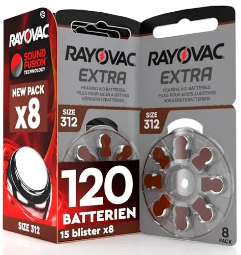 Rayovac Extra 312 Hörgerätebatterien mit Sound Fusion Technologie - Batterien für Hörgeräte, 120 Stück, quecksilberfrei und mit Sound Fusion Technologie für konstante Leistung und hohe Zellstabilität.