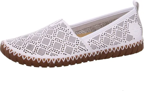 Rieker Damen Slipper M2851-80 in Weiß - Bequeme Slipper aus beschichtetem Leder mit luftiger Lochmuster-Perforation, ideal für warme Tage und angenehmen Tragekomfort.