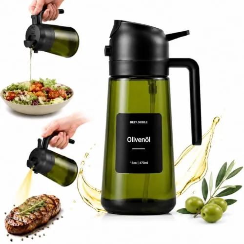 BETA NOBLE Ölsprüher zum Kochen,2 in 1 Öl Sprühflasche, 470ml Glas-ölspray für airfryer zum Kochen mit Aufklebern