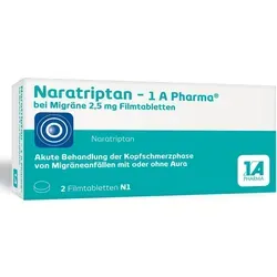 Naratriptan-1A Pharma 2,5mg gegen Migräne - Filmtabletten zur gezielten Linderung von Migränesymptomen. Naratriptan unterstützt die Behandlung und sorgt für eine schnelle Erleichterung bei Kopfschmerzen und Begleiterscheinungen.