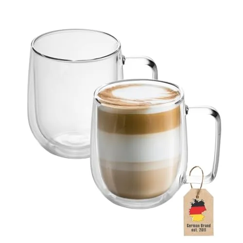 INTIRILIFE 2X Doppelwandige Thermo Gläser Set -150-200ml- Mundgeblasen isoliert für Espresso Cappuccino, Teegläser Kaffeegläser Latte Macchiato Tassen, Schwebeeffekt mit Henkel