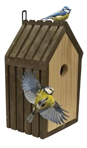 MODO24 Meisen Nistkasten aus FSC® Holz mit 2,8 cm Einflugloch und mit Heu, Vogelhaus Blaumeisen & Kleinvögel, Brutkasten mit Reinigungsklappe, Futterhaken für Garten, Balkon, 26×15×12 cm, Farbe: Braun