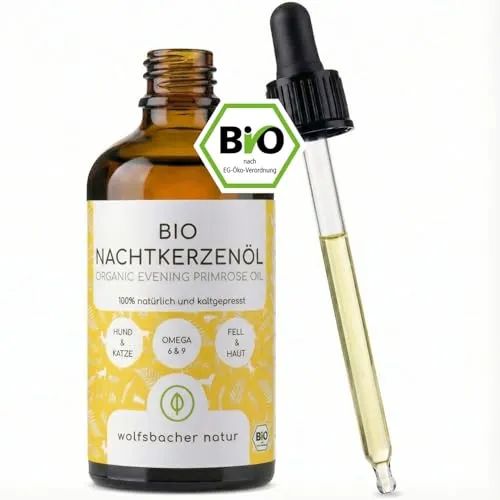 Bio Nachtkerzenöl für Hunde und Katzen, 100ml kaltgepresstes Fellöl 100% Bio aus Deutschland - reich an Omega 3 & 6, Barf Öl, DE-ÖKO-060