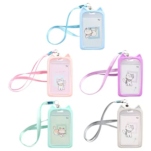 Cdemiy Namensschild-Halter, 5 Stück, Kartenhalter aus transparentem Kunststoff, Cartoon, aus Kunststoff, Bushalter, Ausweishülle für Büro, Schule, Studenten und Studenten