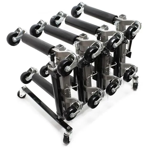 Wiltec Set Aufbewahrung für 4x Pkw Rangierhilfe und 4x Wagenheber, Rack Rollbar, Rangierheber hydraulisch je 680kg Tragkraft bis 30cm Reifenbreite