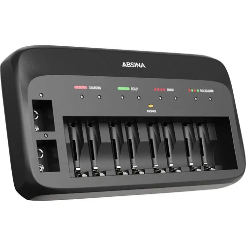Absina Akku-Ladegerät X10 - 10 Ladeschächte für AA, AAA, 9V Akkus, prozessorgesteuertes Laden mit LED-Anzeige und umfassendem Schutzsystem