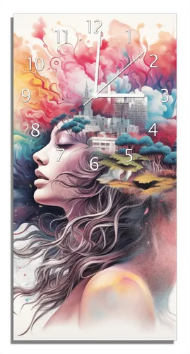Wallario Design Wanduhr 30 x 60 cm - Traumwelten im Kopf - Hochwertige Wanduhr mit traumhaftem Motiv für stilvolle Akzente in Ihrem Zuhause. Leichtes Acryl und modernes Quarz-Uhrwerk garantieren einfache Montage und präzise Zeitangabe.
