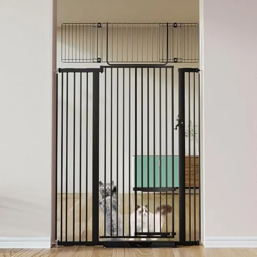 COMOMY 180 cm Extra Hoch Türgitter Katze/Hund, 75-110 cm Extra Breit Türschutzgitter mit Verstellbarer Katzenklappe, Tierschutzgitter Ohne Bohren für Treppen, Türen, Küche (Schwarz)