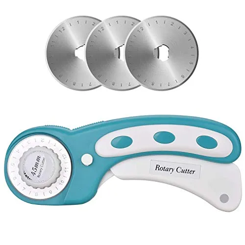 DealKits Rollschneider Set, 45 mm Edelstahl Stoffschneider mit Schutzmechanismus, Profi Rollmesser mit 3 x Ersatzklingen, Rundklingen Cutter für Abstepp-, Stoff-, Leder-, Näharbeiten & Mehr