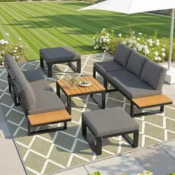 MODFU Outdoor-Sofa-Set Ecksofa mit Couchtisch und Hockern Garten-Liegestuhl-Set Gartensofa mit verstellbarer Rückenlehne für 6–7 Personen Grau - Grau