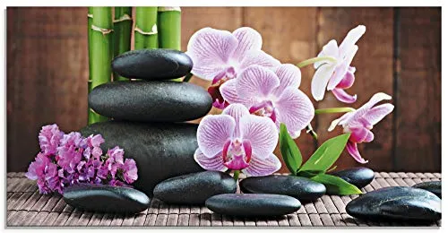 ARTland Wanddeko Glasbilder Wandbild Glas Bild einteilig 100x50 cm Querformat Natur Asien Wellness Zen Steine Blumen Blüten Orchideen Bambus Pink T5OO