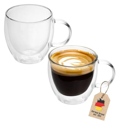 INTIRILIFE 2X Doppelwandige Thermo Gläser Set -100-150ml- Mundgeblasen isoliert für Espresso Cappuccino, Teegläser Kaffeegläser Latte Macchiato Tassen, Schwebeeffekt mit Henkel