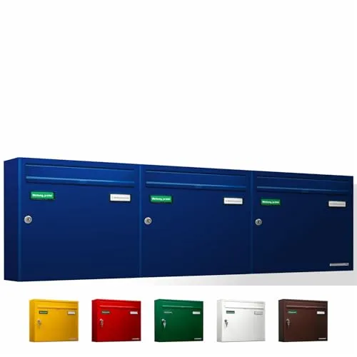 AL Briefkastensysteme Basic 3er Briefkasten RAL 5010 Enzian Blau 3 Fächer DIN A4 wetterfest Briefkastenanlage mit Posthaltebügel und 2 Namensschildern