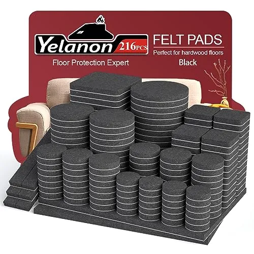 Yelanon Möbelgleiter 216 Stück filzgleiter selbstklebend, Filz für stühle, kratzfester Bodenschutz für Möbelfüße, Chair Leg Floor Protectors, Schwarz