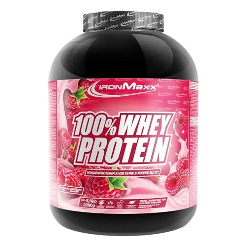 IronMaxx 100% Whey Protein Pulver - Himbeere 2350g Dose - Molkenproteine, zuckerreduziertes Eiweißpulver mit 36g Protein pro Portion, ideal für dein Workout und schnelle Muskelregeneration.