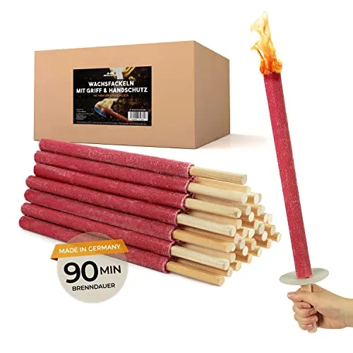 Bolson Wachsfackeln 90 Min (25 Stk.) Gartenfackel aus Wachs mit Handschutz & Griff für Kinder & Erwachsene - in Deutschland hergestellte Fackel für Draußen - ideal f. Fackelwanderung, Garten, Outdoor