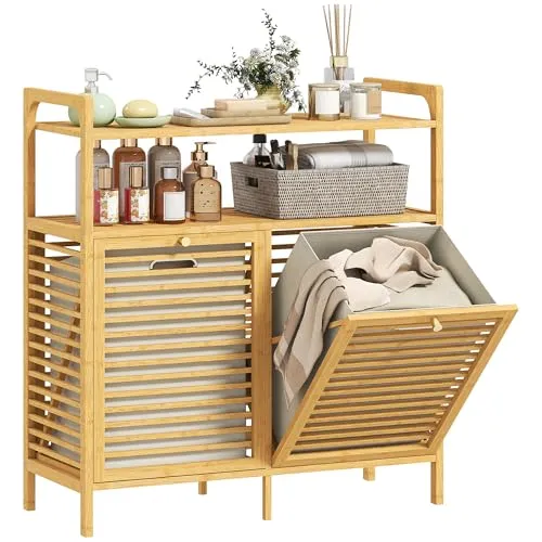 HOMCOM Badezimmerschrank mit 2 Wäschekörben aus Bambus - Hoch- & Midischränke fürs Bad mit 2 herausnehmbaren Stoffkörben für effiziente Wäschesortierung und zusätzlichem Stauraum. Robustes Design aus natürlichem Bambus für ein stilvolles Badezimmer.