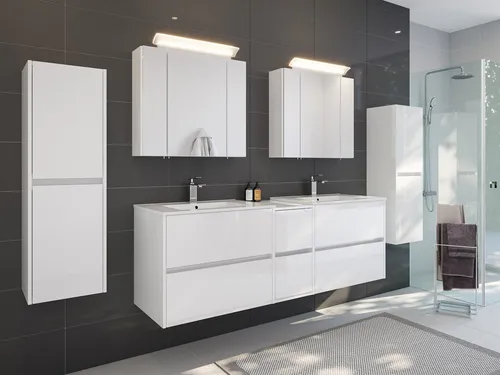 Magnolia Home Waschtisch Badmöbelset Taifun 170cm 5tlg mit 2 Spiegelschränken & 2 Seitenschränken - Hochwertiges Badmöbelset in Hochglanz-Optik, ideal für moderne Badezimmer. Inklusive 2 Spiegelschränken mit LED-Beleuchtung und Softclose-Funktionen. Langlebige Materialien sorgen für eine lange Lebensdauer.